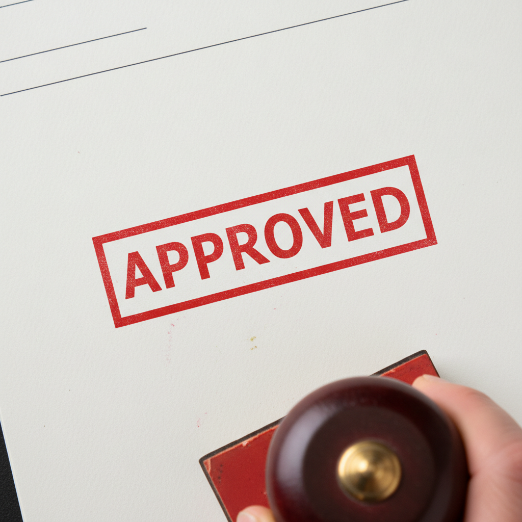 rubber stamp saying APPROVED on a document, close up, high detail