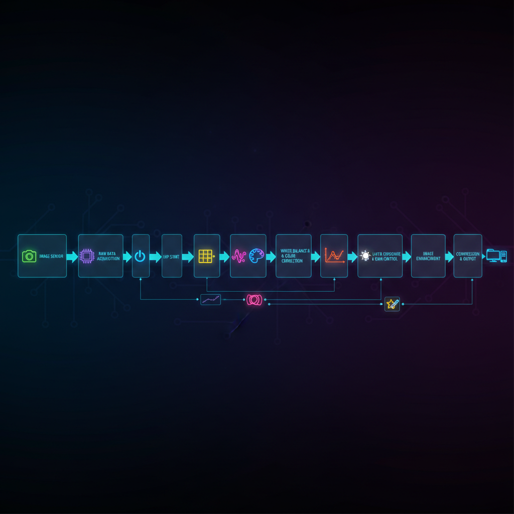 diagram flowchart of image signal processing pipeline linear tech style dark mode neon icons