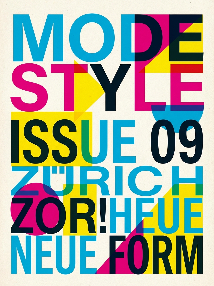Abstract editorial design cover, bold typography collage, cyan magenta yellow and black colors, swiss style layout, geometric shapes, high fashion magazine aesthetic