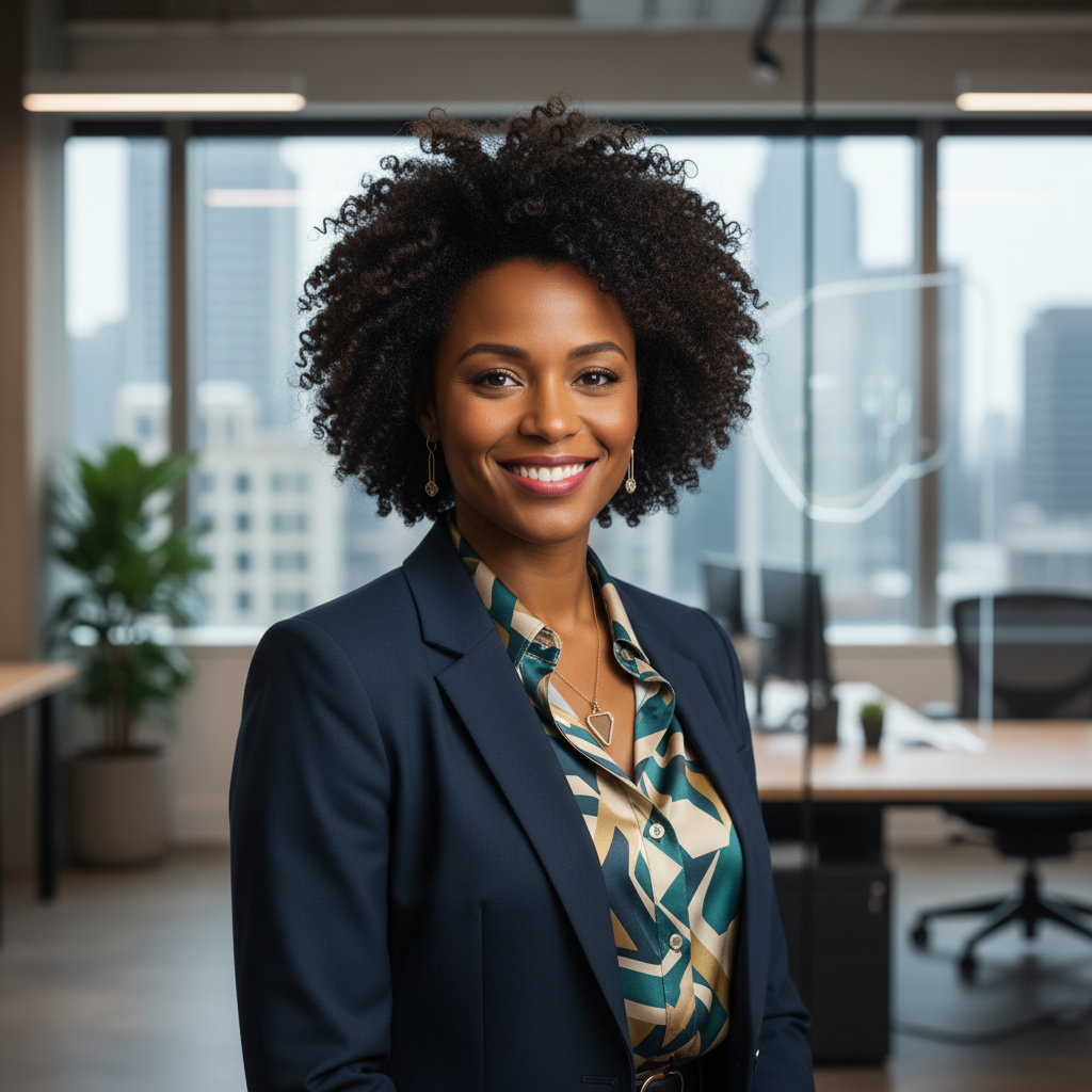 professional headshot of diverse female tech executive, creative director style, office background