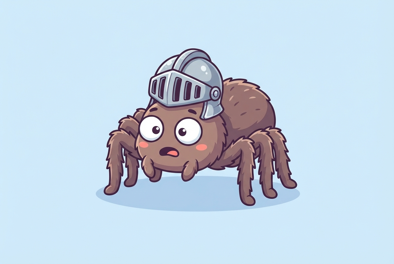 cartoon spider wearing a tiny knight helmet to represent armor/exoskeleton, funny style