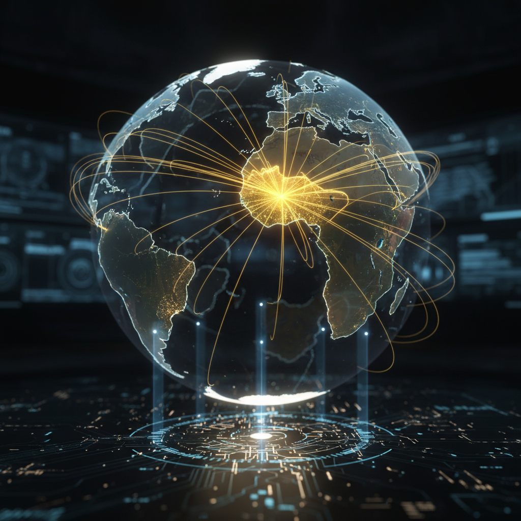 futuristic globe hologram with Brazil highlighted, connecting to Africa, neon gold lines, technological visualization of travel