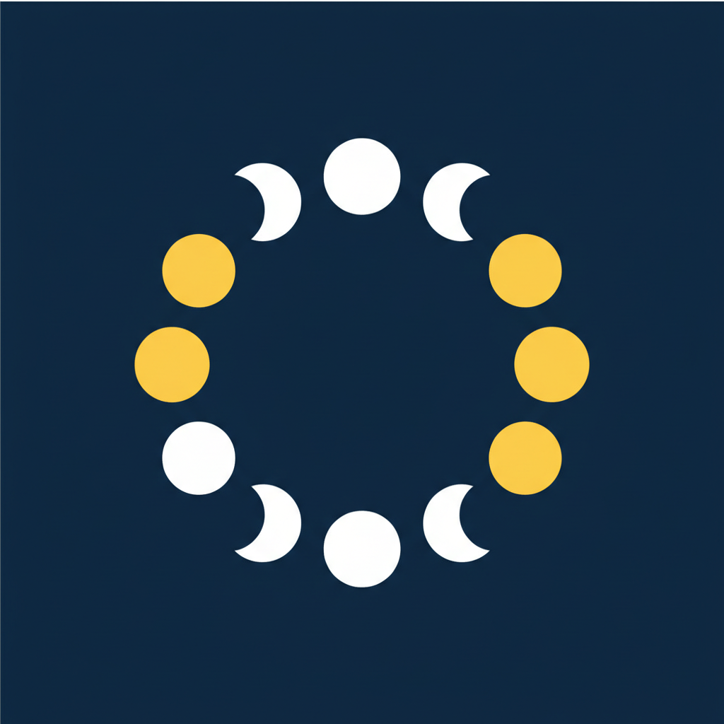 vector illustration of moon phases arranged in a circle or line, bright white and yellow on dark blue background, flat minimalist style
