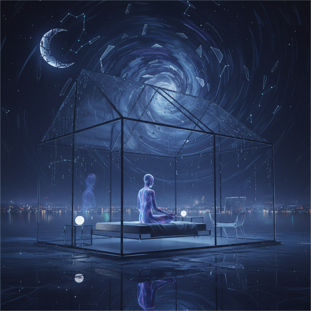surreal artistic interpretation of a person living in a completely transparent glass house, night time, dark moody environment, minimalist