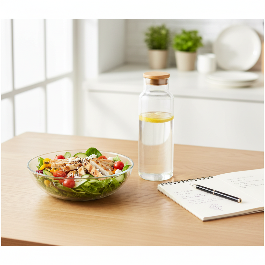 Healthy salad bowl and a water bottle next to a notebook, bright lighting, photorealistic