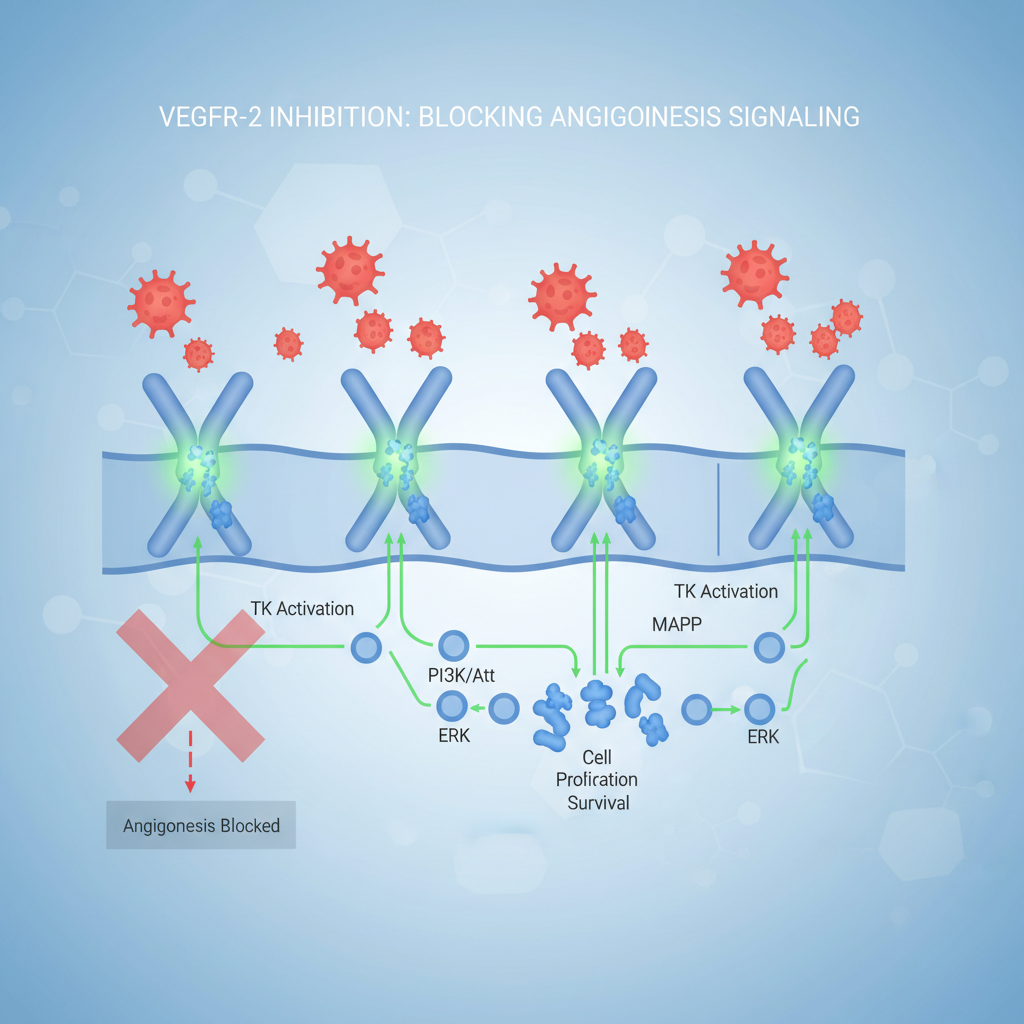 biological diagram of VEGFR-2 receptor inhibition on a cell membrane blocking angiogenesis signal pathway medical illustration