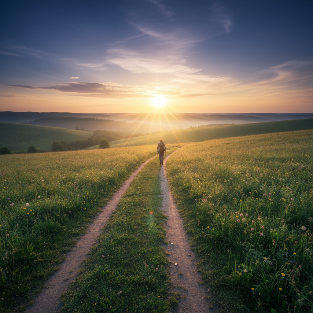 Open landscape with a clear path leading to a beautiful sunrise, symbolizing hope and clarity, hiking theme