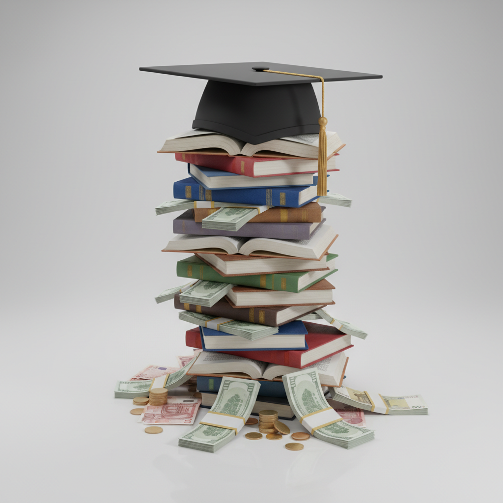 Graduation cap sitting on top of a stack of books and money, 3d render