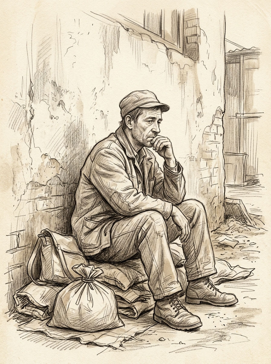 solitary migrant worker sketch