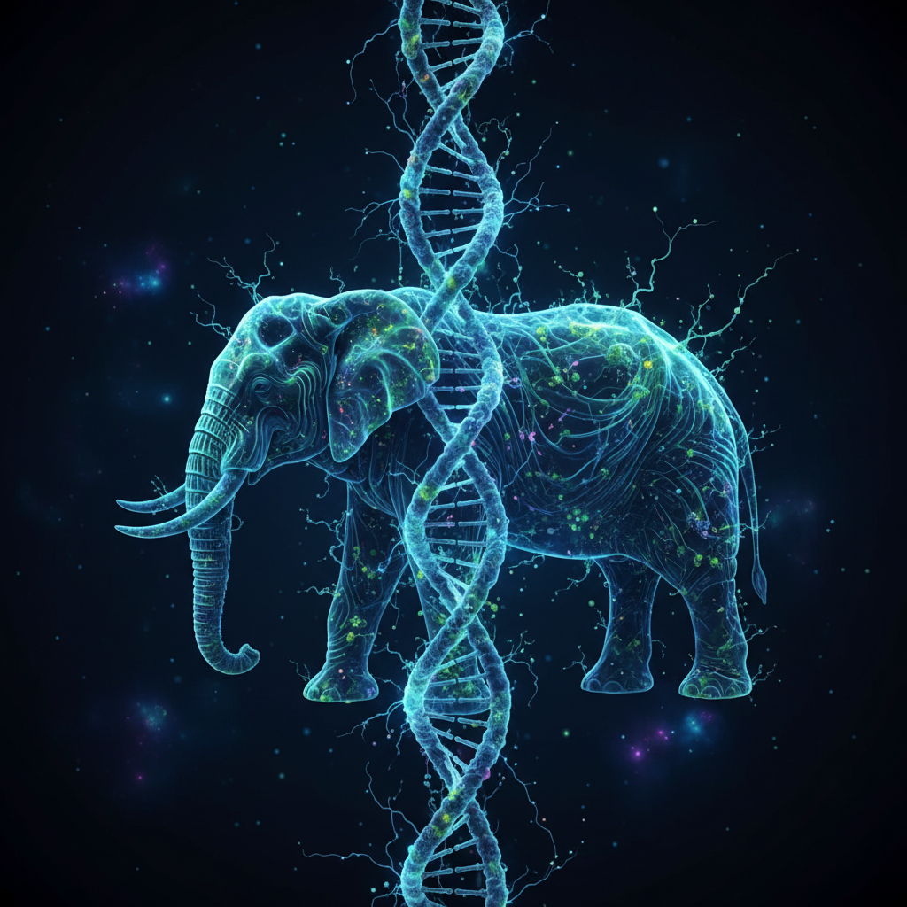 3d render of DNA helix merging with elephant silhouette, scientific, biology concept, dark background