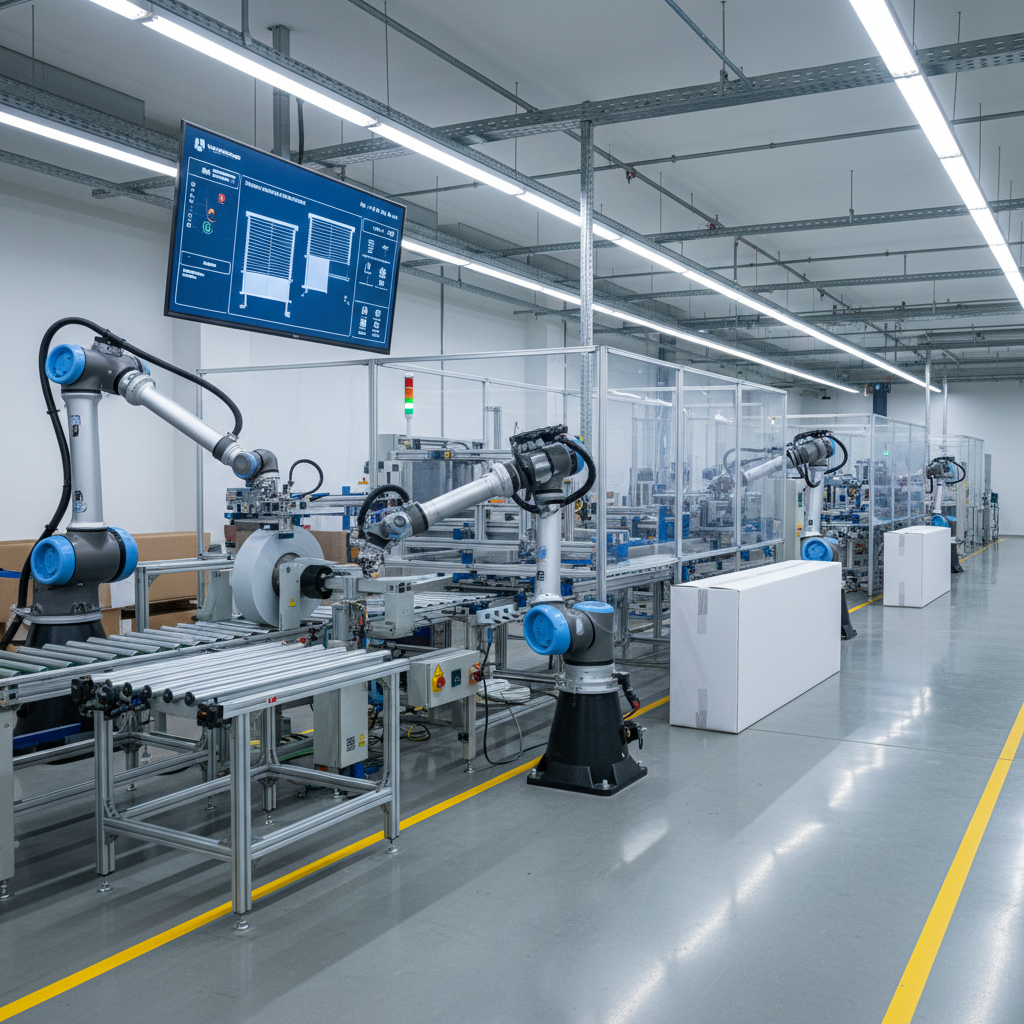 modern automated manufacturing line for window blinds, bright clean factory floor, robotics