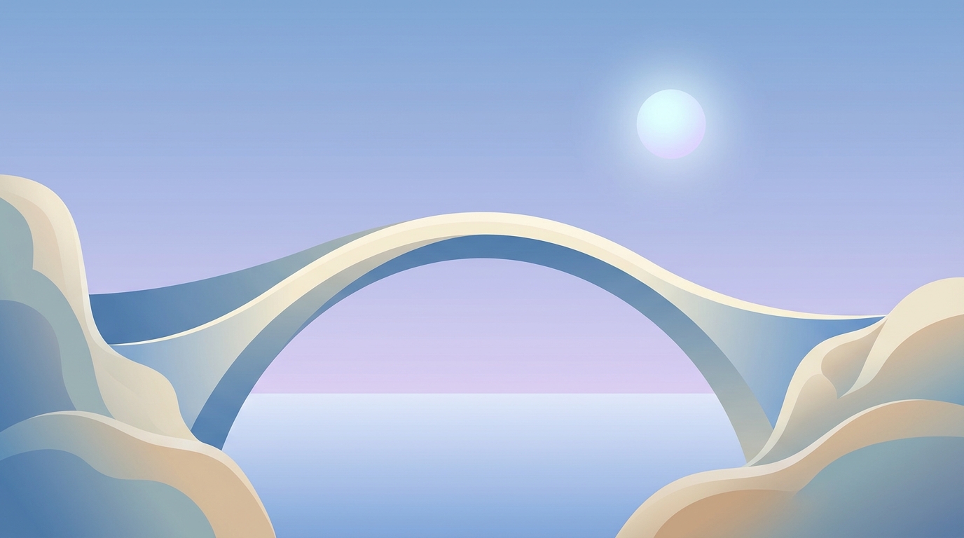 An abstract, serene image of a bridge connecting two cliffs under a clear sky, symbolizing connection and peace, high quality minimalist render