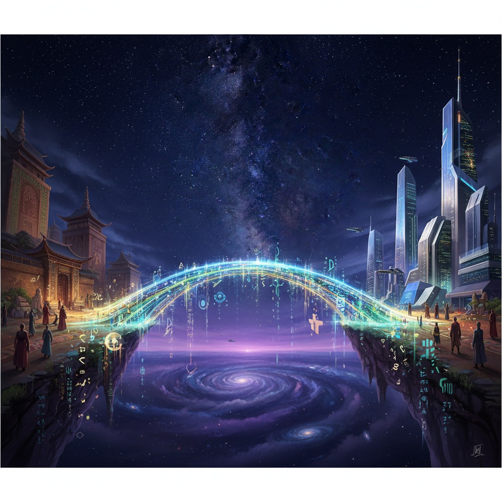 Conceptual illustration of a bridge made of digital light connecting two distinct landmasses representing different cultures, starry sky background