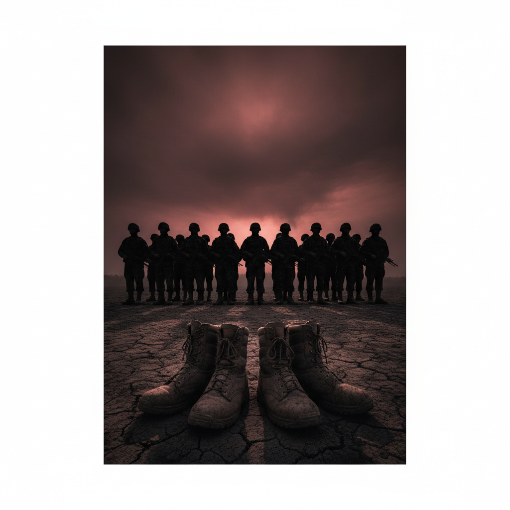 Silhouette of soldiers in formation, military boots close up, dark atmosphere, oppression