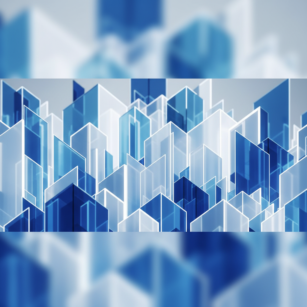 abstract corporate architecture background, blue and white glass geometric shapes, trustworthy professional business feel