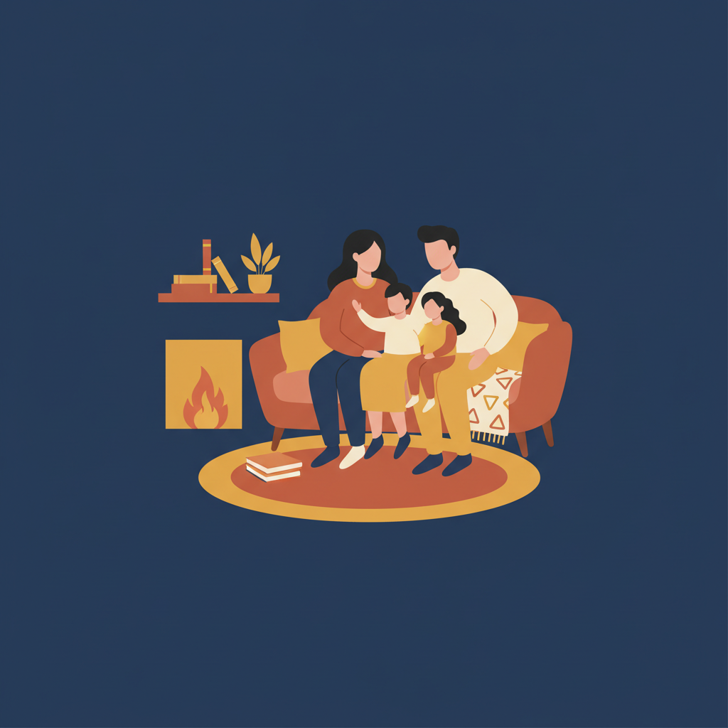 minimalist vector art of a happy family in a cozy warm living room, safe and comfortable, dark blue background frames the scene, flat style