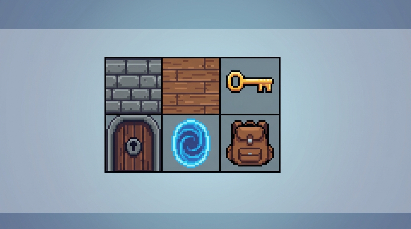 sprite sheet of game elements: stone wall, wooden floor, golden key, locked door, exit portal, inventory icon, pixel art style