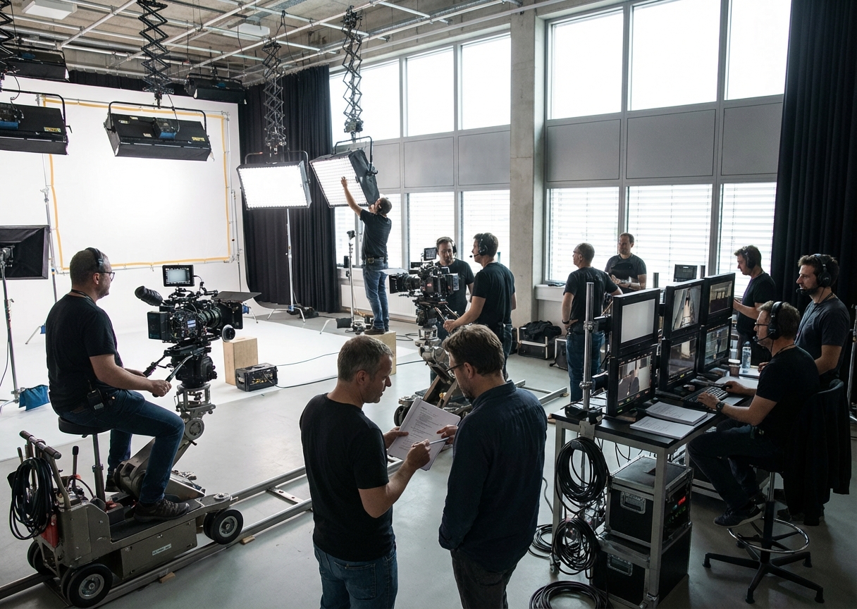 behind the scenes of a high quality tv commercial production set, cameras, lights, professional atmosphere