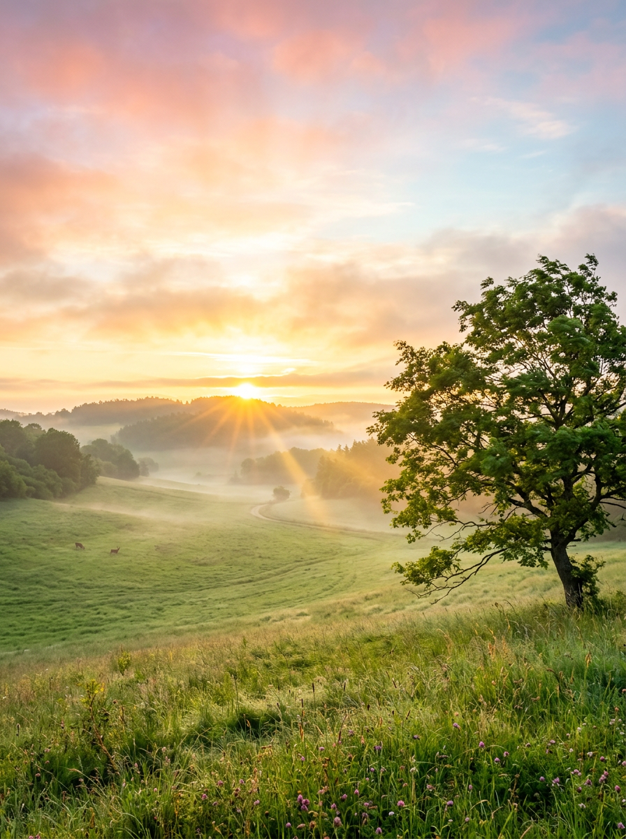 Beautiful golden sunrise over meadow