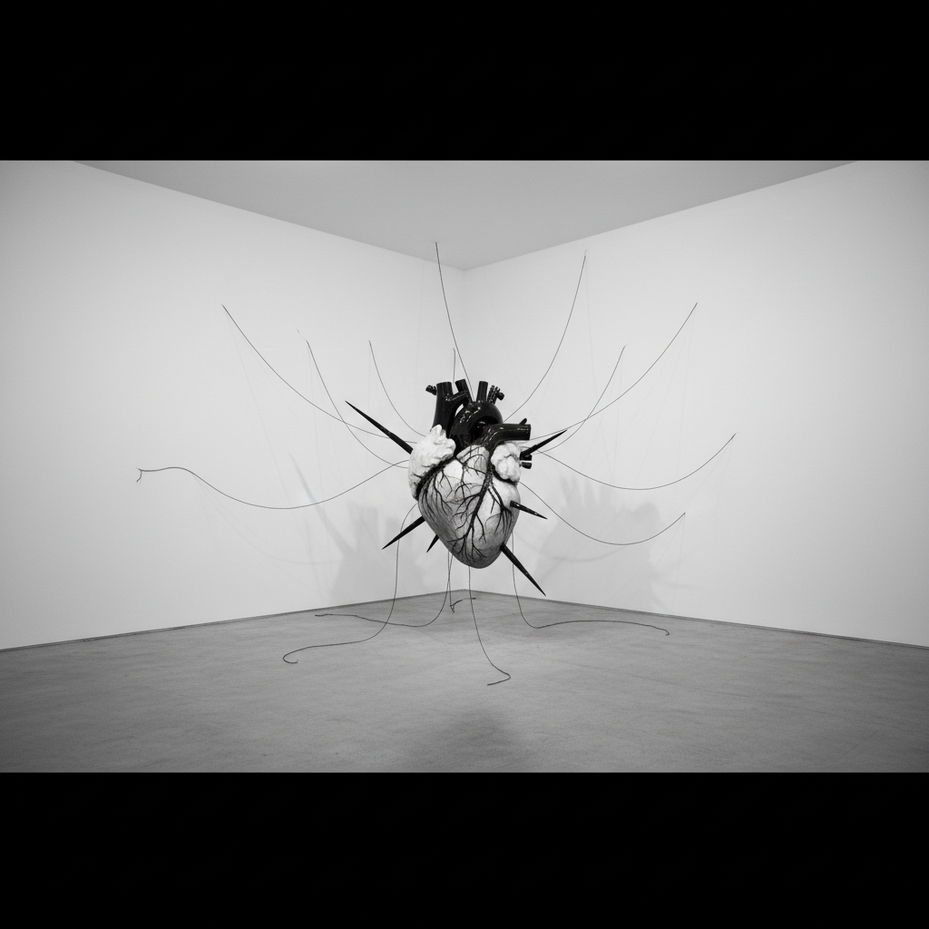 Conceptual art installation view stark empty room with one disturbing element, black and white photography style