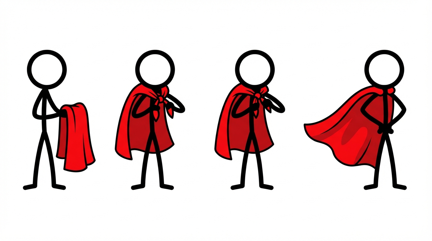 Minimalist stick figure on white background tying a bright red cape around its neck. Transformation sequence. Cartoon style.