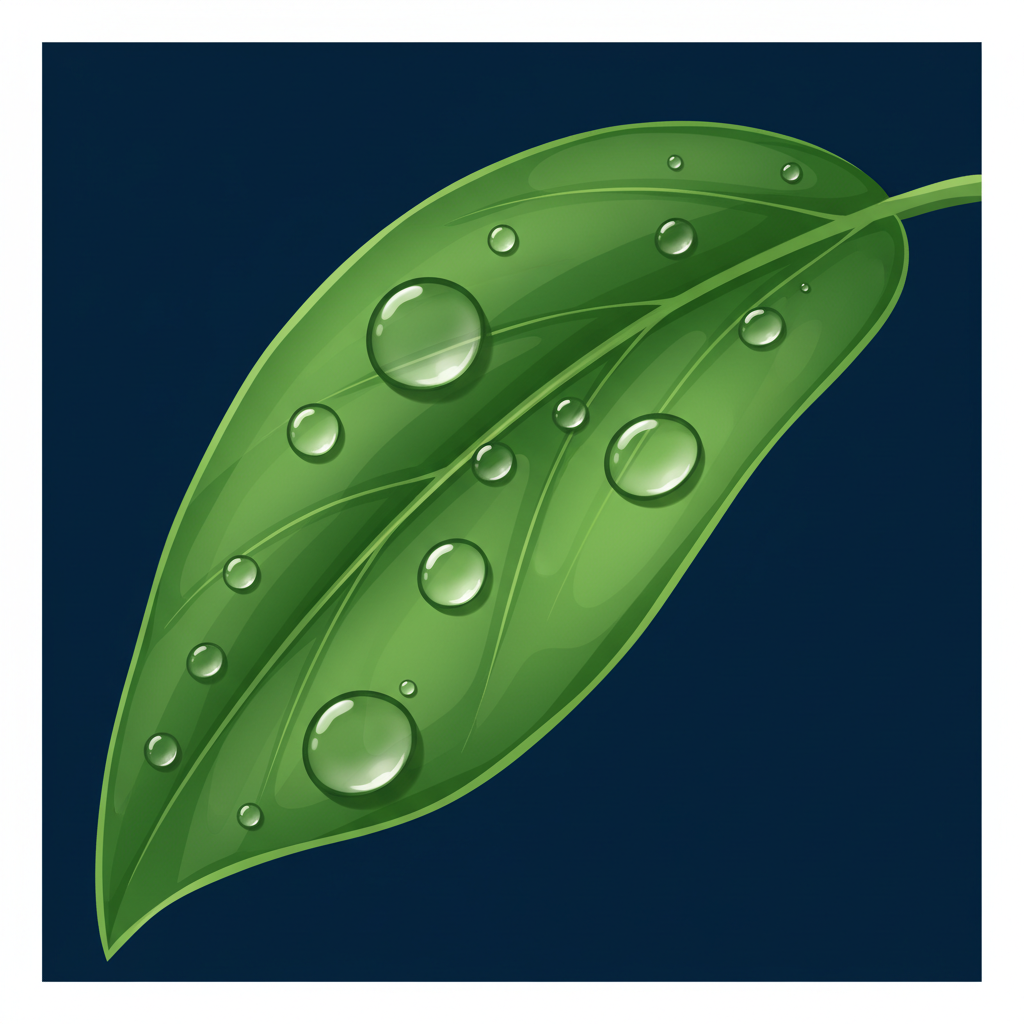 vector art of dew drops lying on a green leaf, perfectly round shapes, fresh and natural look, dark blue background