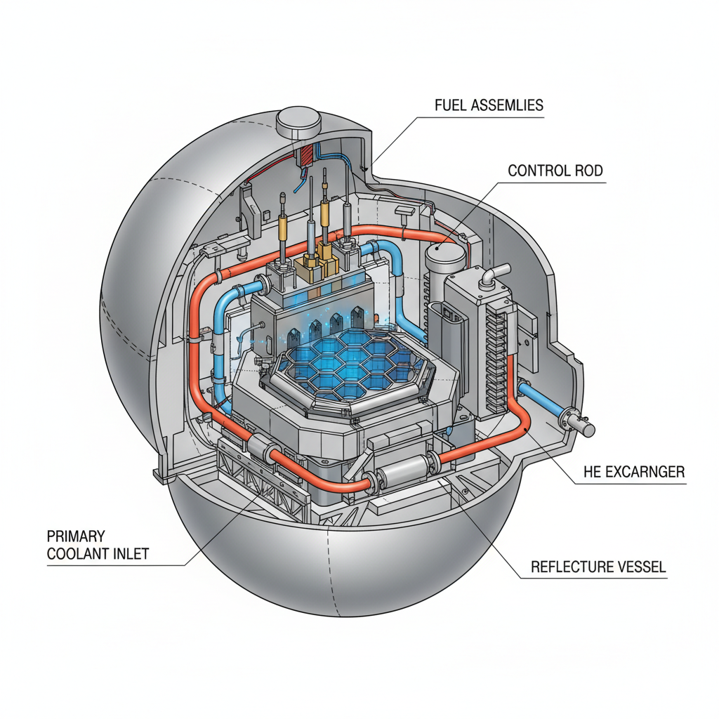 clean detailed 3d section cut of a small modular nuclear reactor vessel showing internal components, engineering style, white background