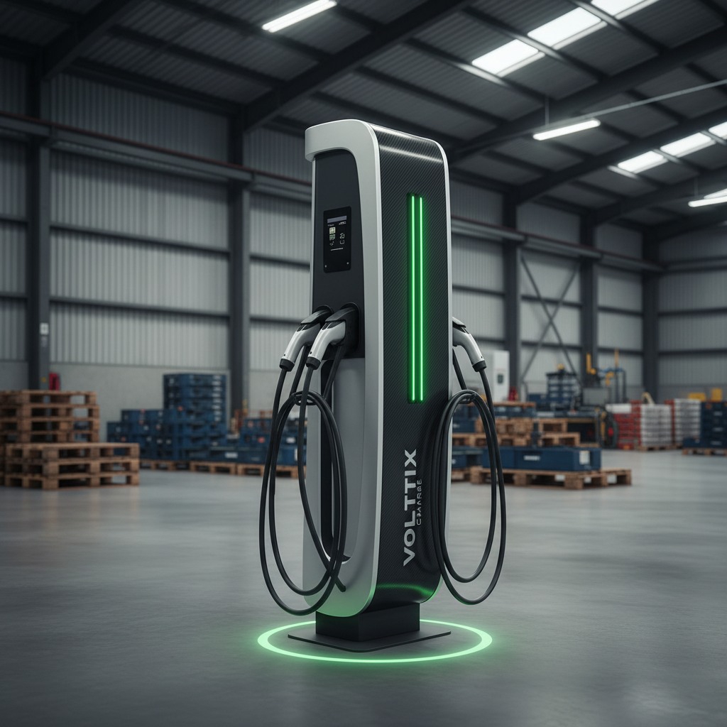 Modern electric vehicle charging station, sleek design, glowing green led indicators, industrial warehouse background