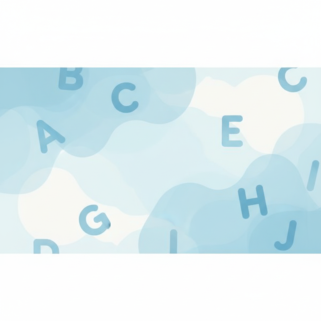 minimalist abstract educational background with english letters floating, soft blue and white colors, high quality, 4k