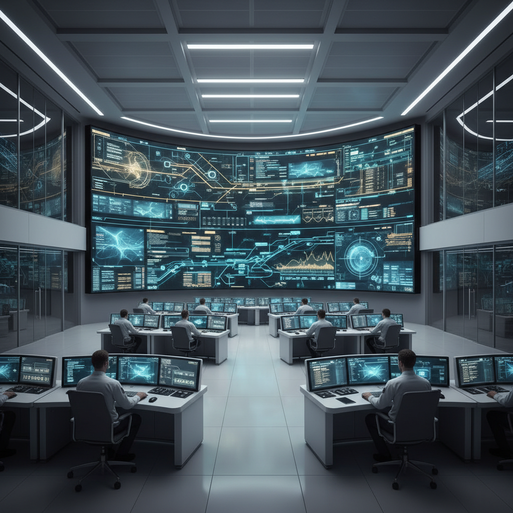 Futuristic network operations center, large screens with data visualization, clean and organized high tech environment