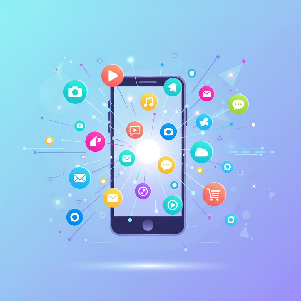 Playful vector illustration of a smartphone screen with various app icons floating out of it connected by digital lines, bright colors