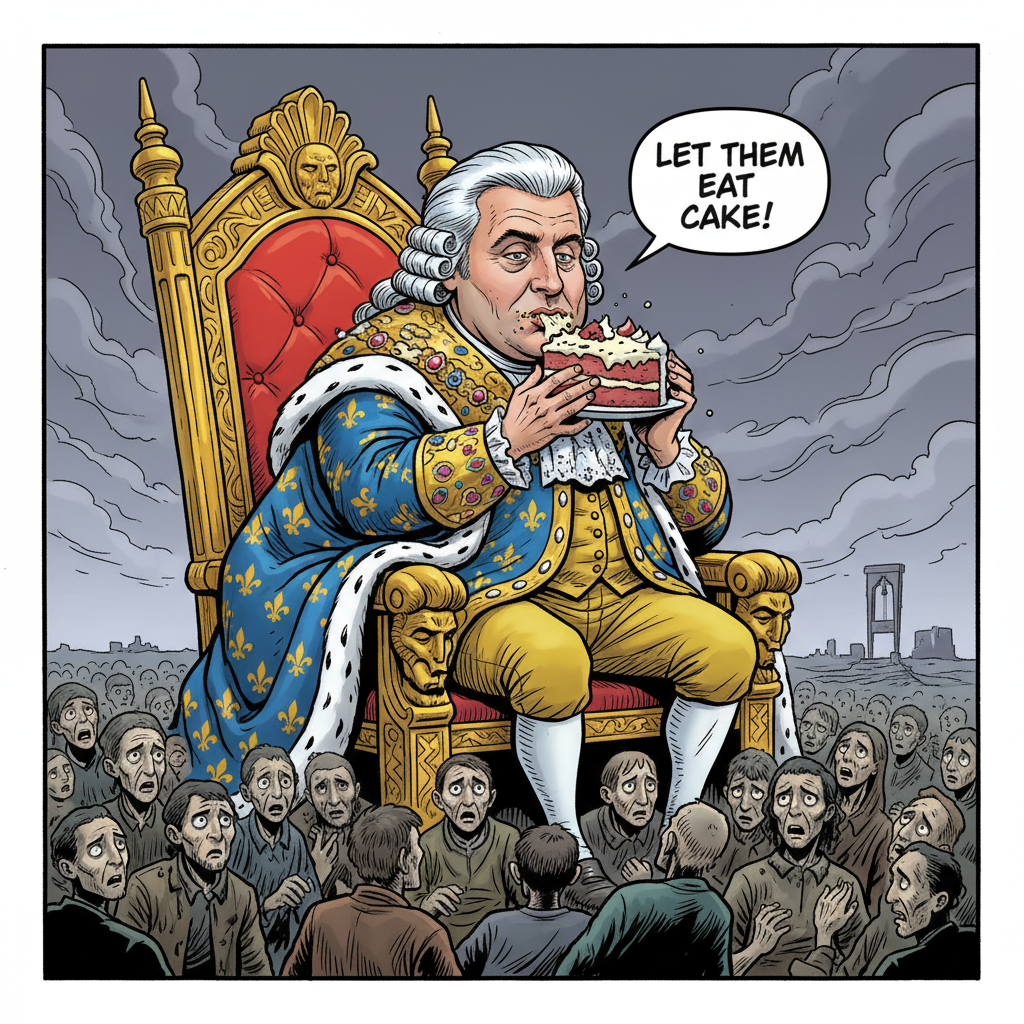 Satirical comic book style, 1789 French Revolution. Caricature of a man resembling Emmanuel Macron dressed as King Louis XVI with a crooked white powdered wig, sitting on a gigantic golden throne eating a huge slice of cake. In the foreground, tiny starving peasants looking up in despair. Slight high angle view (plongée). Thick contour lines, vibrant colors for the King, grey dull colors for peasants.