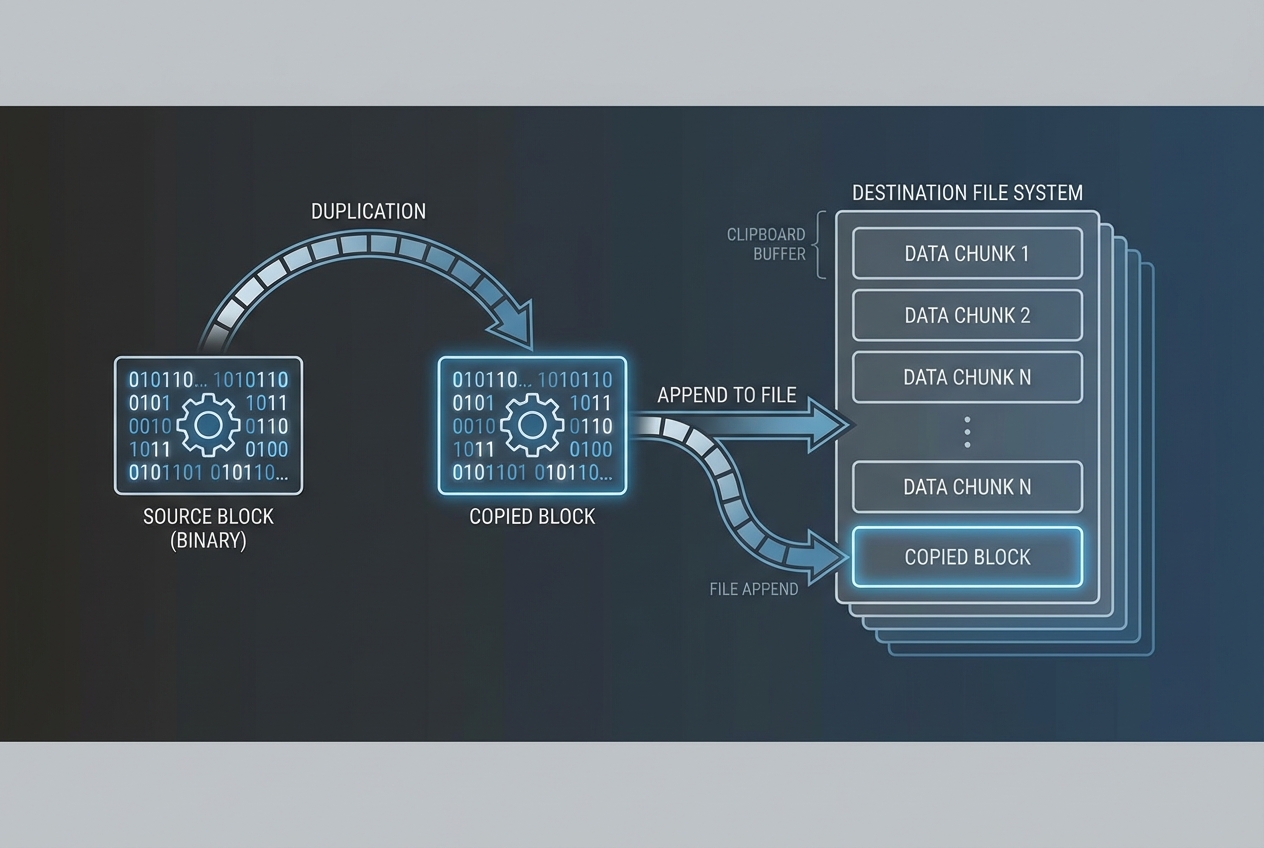 Diagram showing blocks of digital data being duplicated and appended to a file structure, conceptual representation of copy and paste in binary data