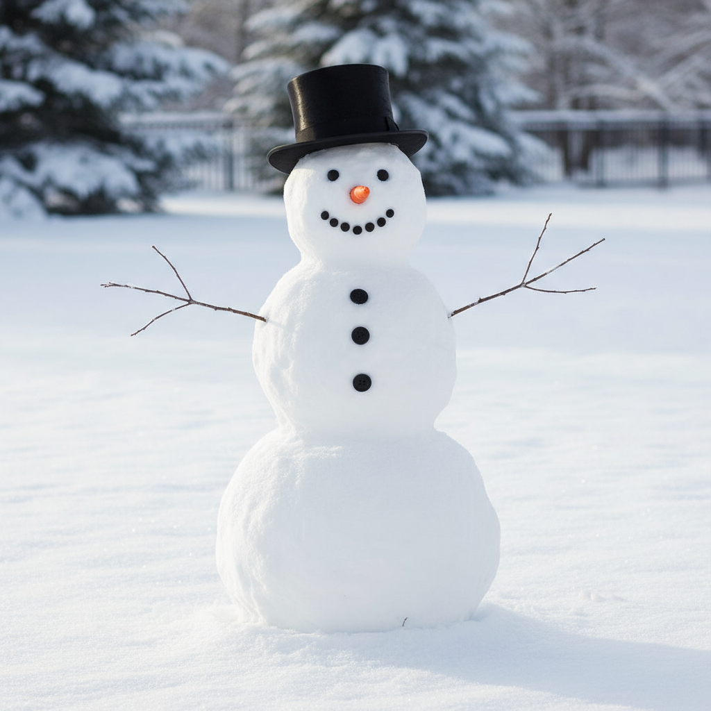 A perfectly symmetrical classic snowman with top hat and carrot nose standing on a pristine lawn, photorealistic style