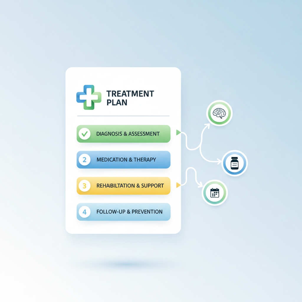 Medical icon style illustration of a treatment plan checklist or medical pathway
