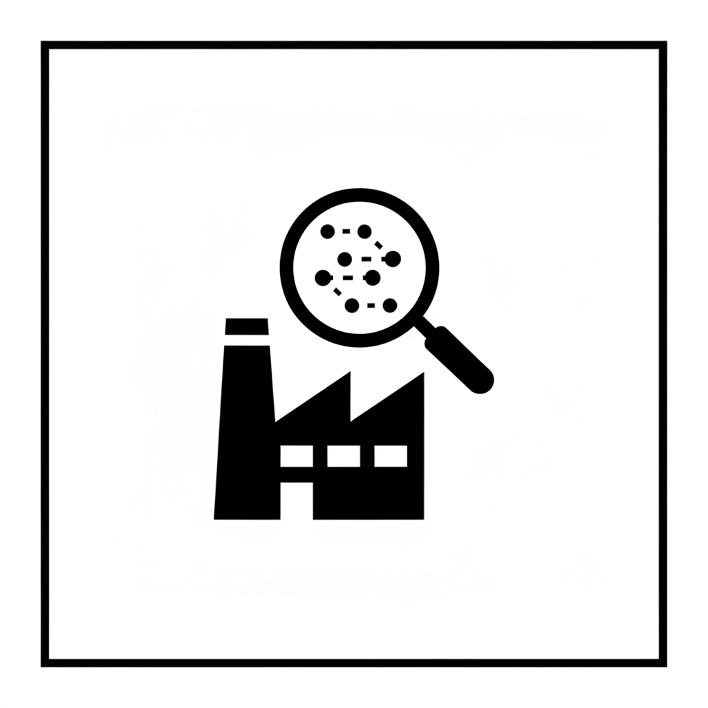 black and white minimalist vector icon of a factory with a magnifying glass over it, representing data inspection