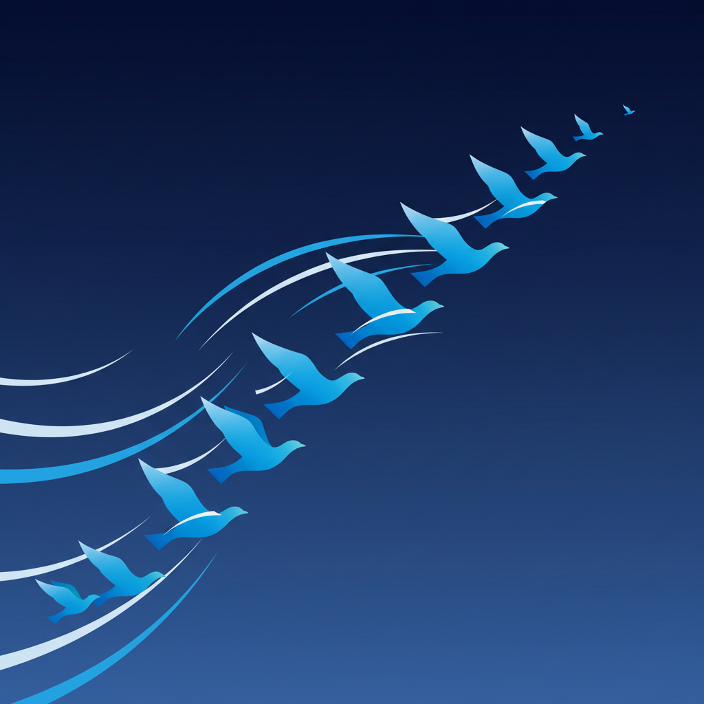vector illustration of birds flying in a V-formation wedge shape against a dark blue sky with stylized wind lines