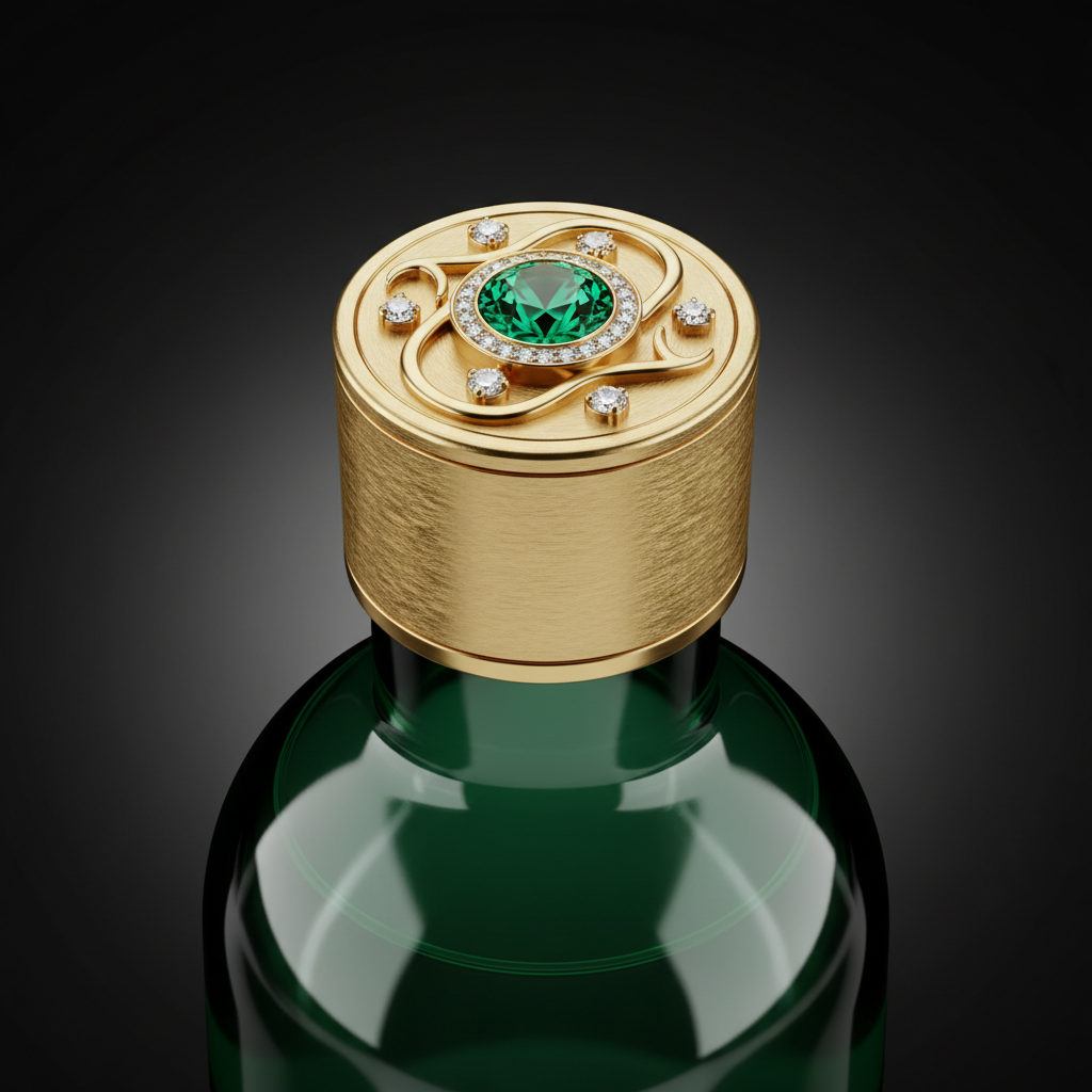 close up of a luxury water bottle cap, gold texture detail, emerald green body, studio lighting, product photography