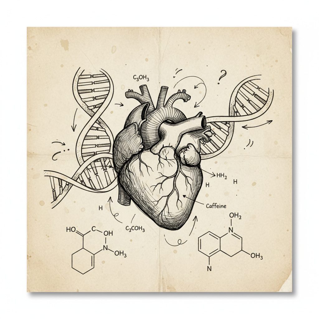 scientific notebook cover style illustration featuring a sketch of a human heart, DNA double helix, and chemical structures, hand drawn style on paper texture