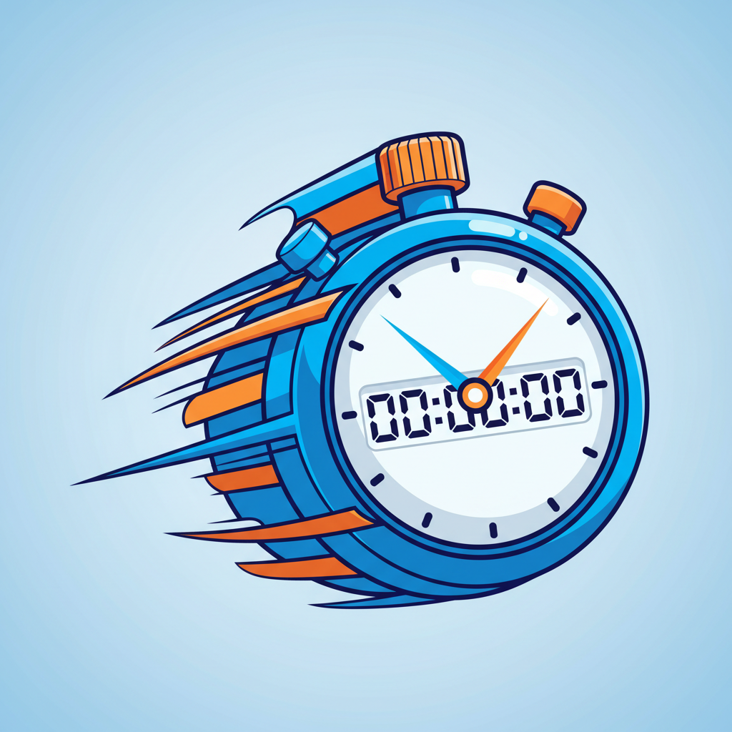 cartoon stopwatch with motion lines indicating speed, blue and orange colors