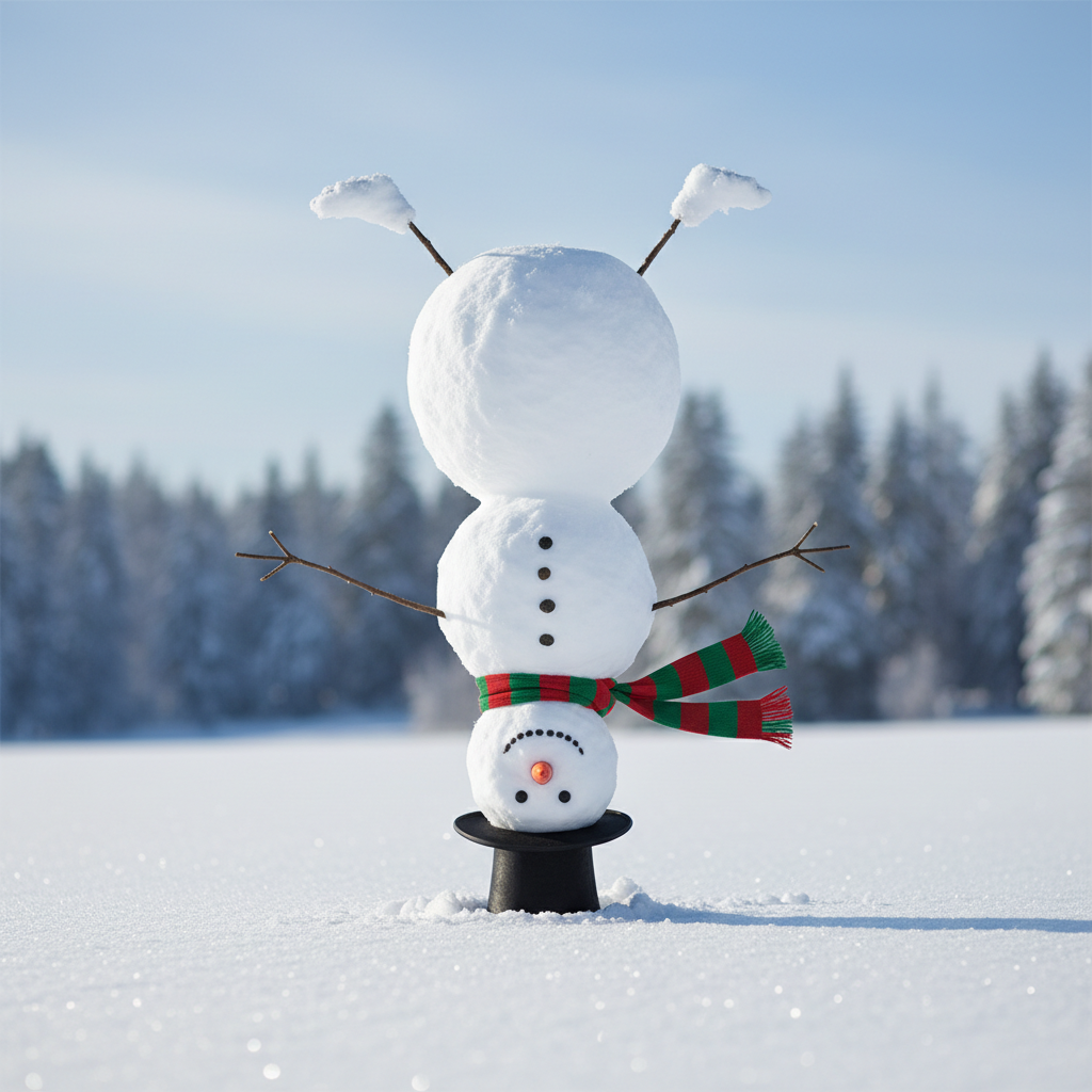 An upside-down snowman standing on its head in the snow, balancing perfectly, funny winter scene