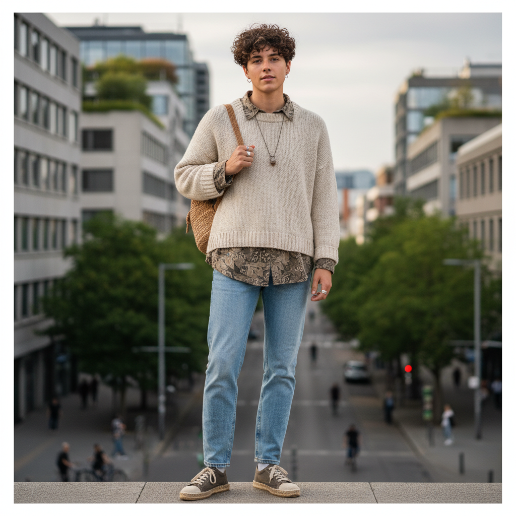 Portrait of a Gen Z urban creative professional, wearing casual sustainable fashion, city background, photorealistic style