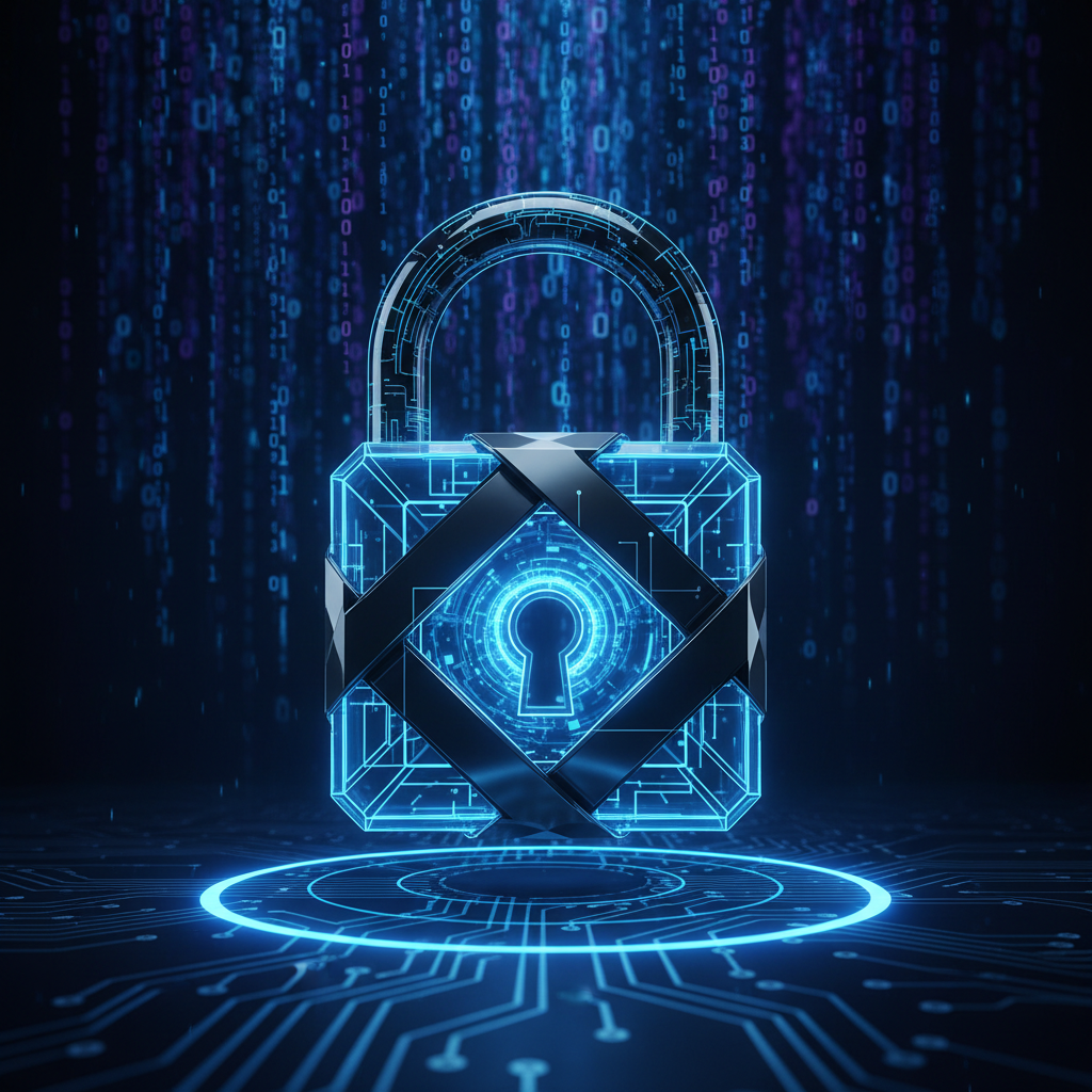 futuristic digital padlock glowing blue with binary code background, cybersecurity concept, high tech, dark mode
