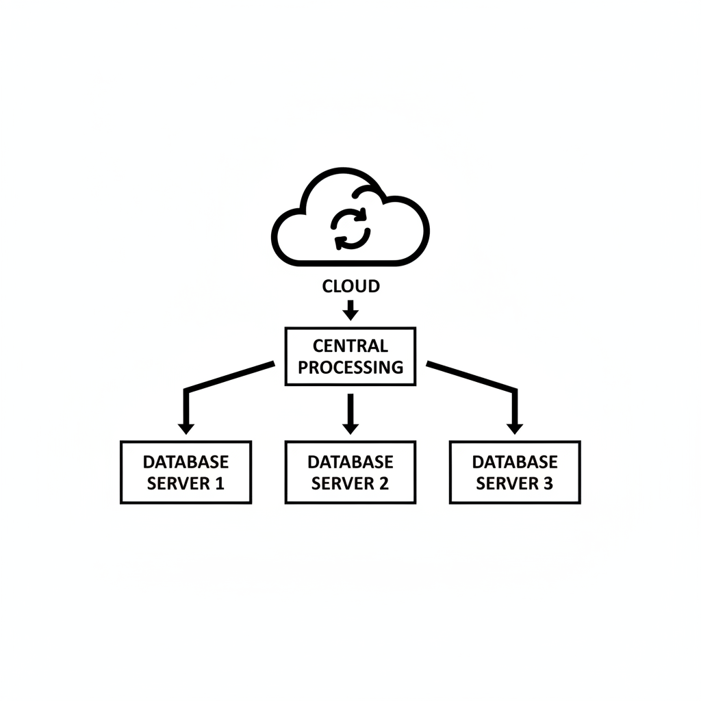 minimalist flowchart showing data flowing from three database servers into a central cloud icon, technical diagram style black and white
