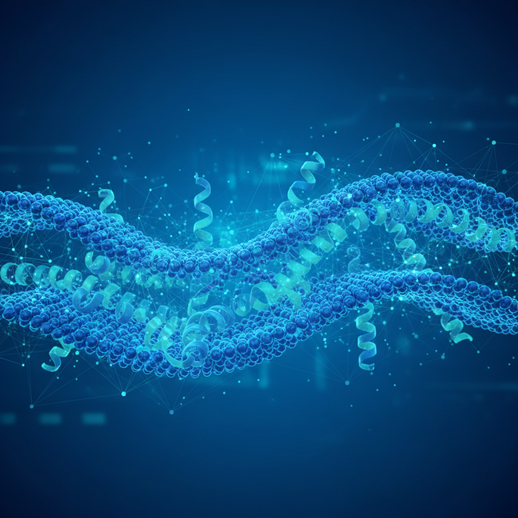 abstract 3d visualization of protein structures embedded in a lipid bilayer membrane, digital bioinformatics style, blue and teal lighting, high tech network connections overlay