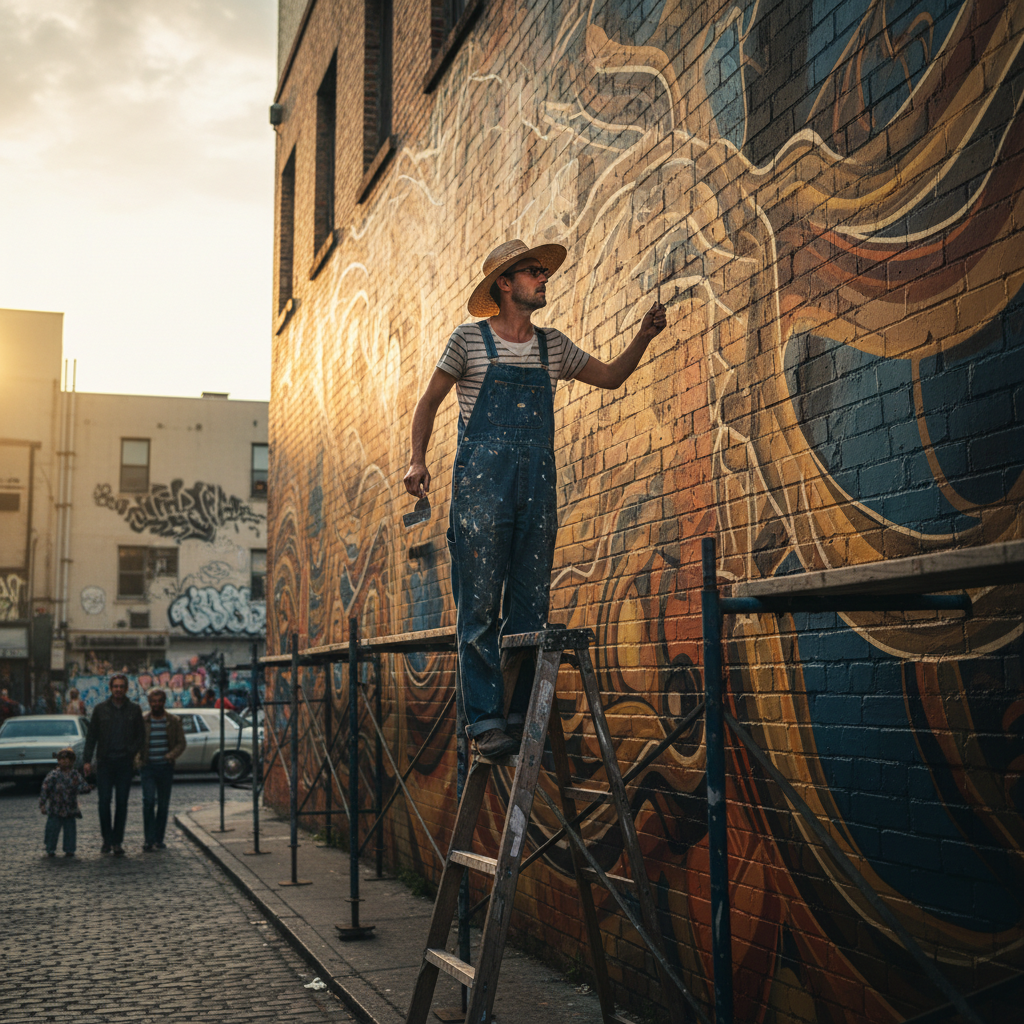 An artist with a straw hat standing on a ladder looking intensely at a large wall mural, urban setting, evening light, 1970s clothing, photorealistic