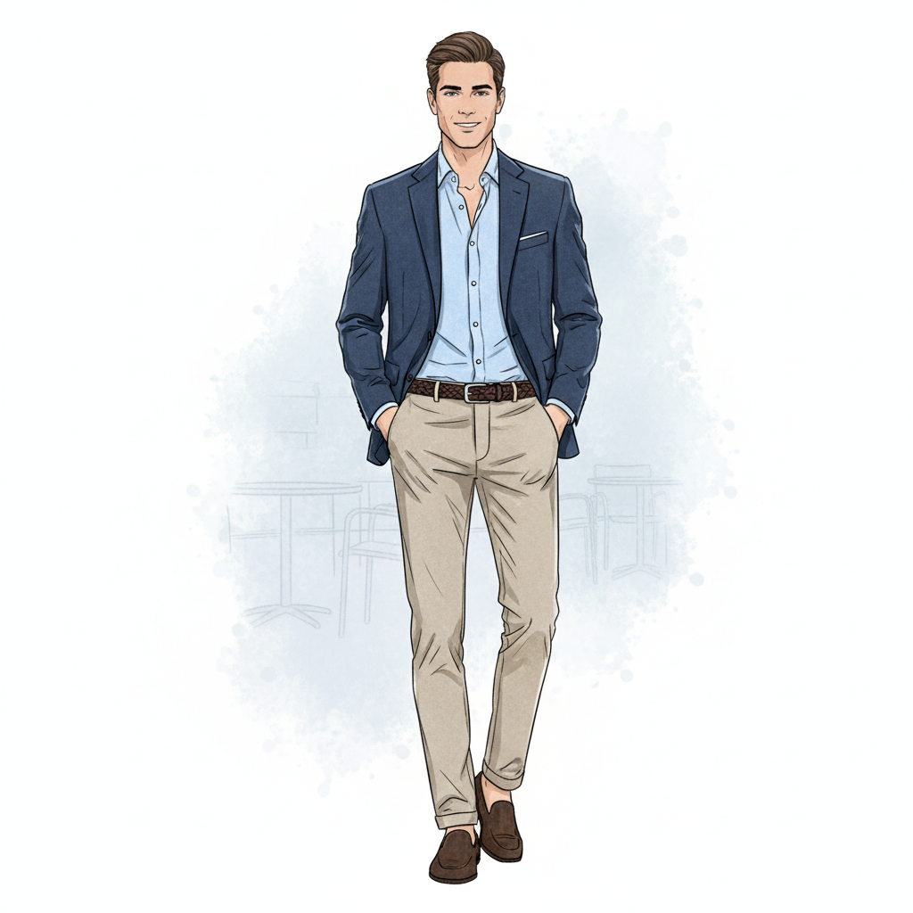 Fashion illustration of a person wearing a navy blazer, light blue oxford shirt, beige chinos and belt, smart casual, full body