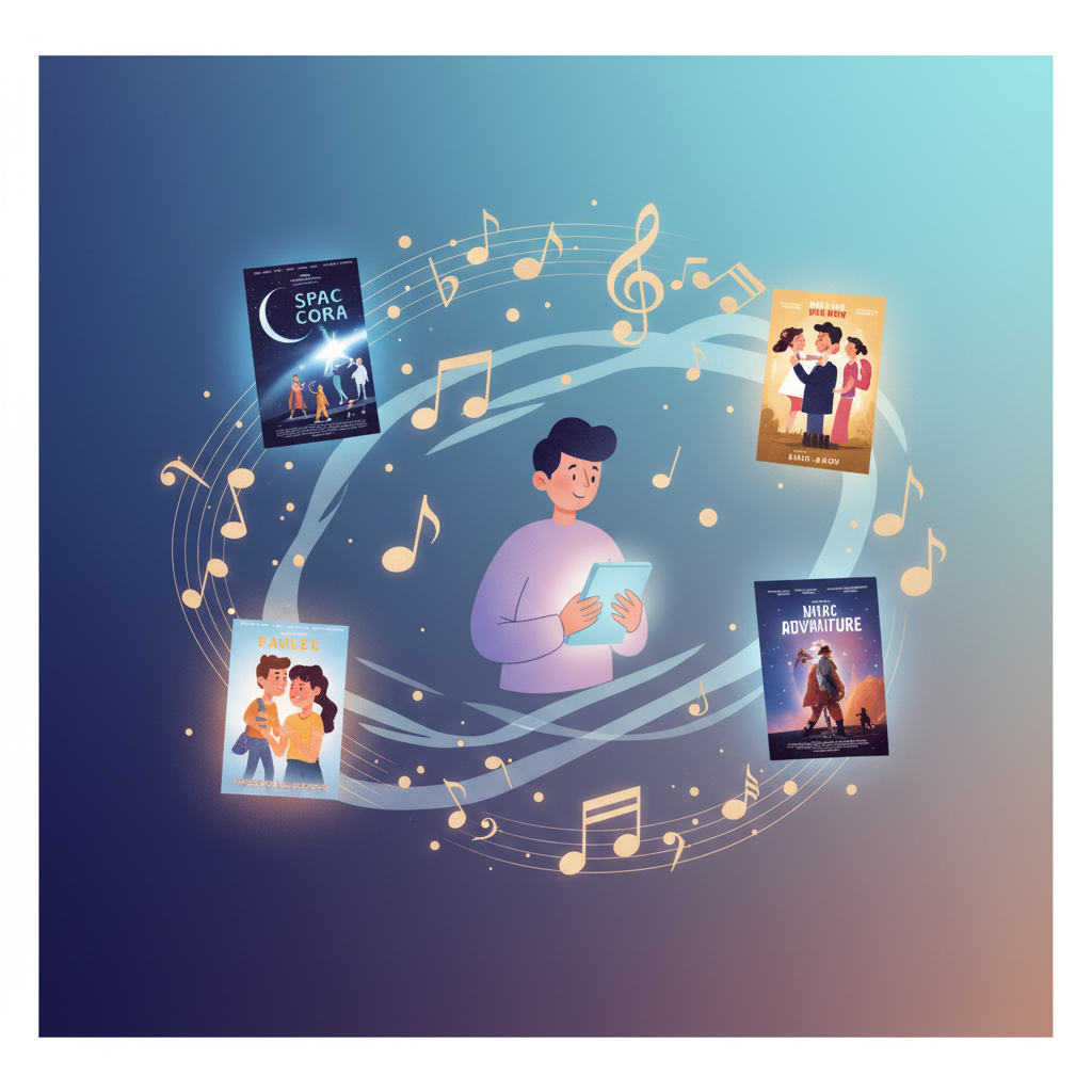 Illustration of a user surrounded by floating movie posters and music notes that are glowing, representing curated content, playful style