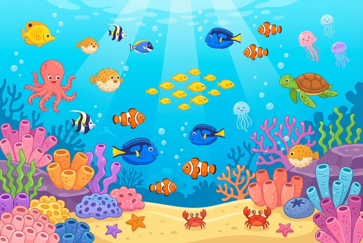 cute cartoon underwater ocean scene background, colorful coral reef, happy friendly fish, bright blue water, vector flat illustration style for kids