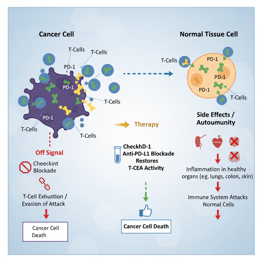 Diagram showing PD-1 and PD-L1 immune checkpoint mechanism with T-cells attacking cancer cells and side effects on normal tissue
